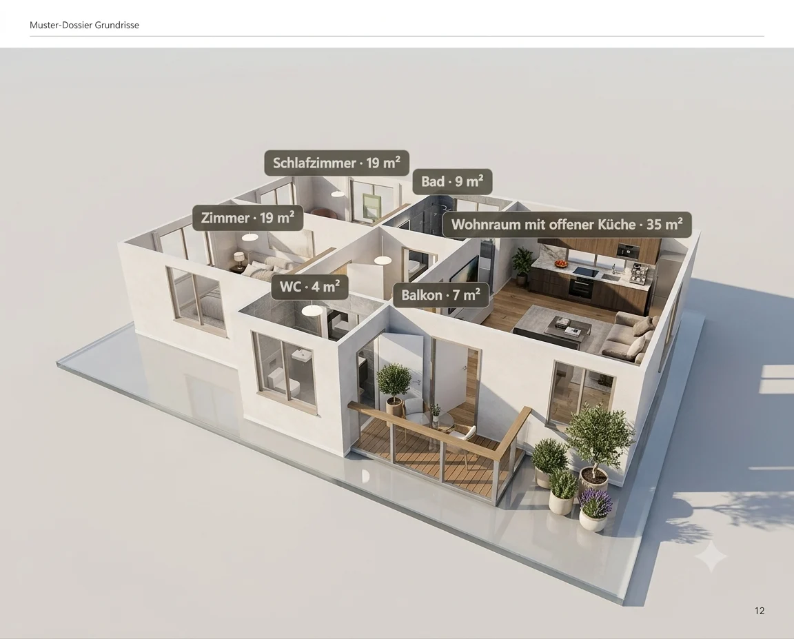 Räumliche Ansicht der Musterwohnung mit eingerichteten Räumen und ihren Flächen, von Schlafzimmer bis Balkon