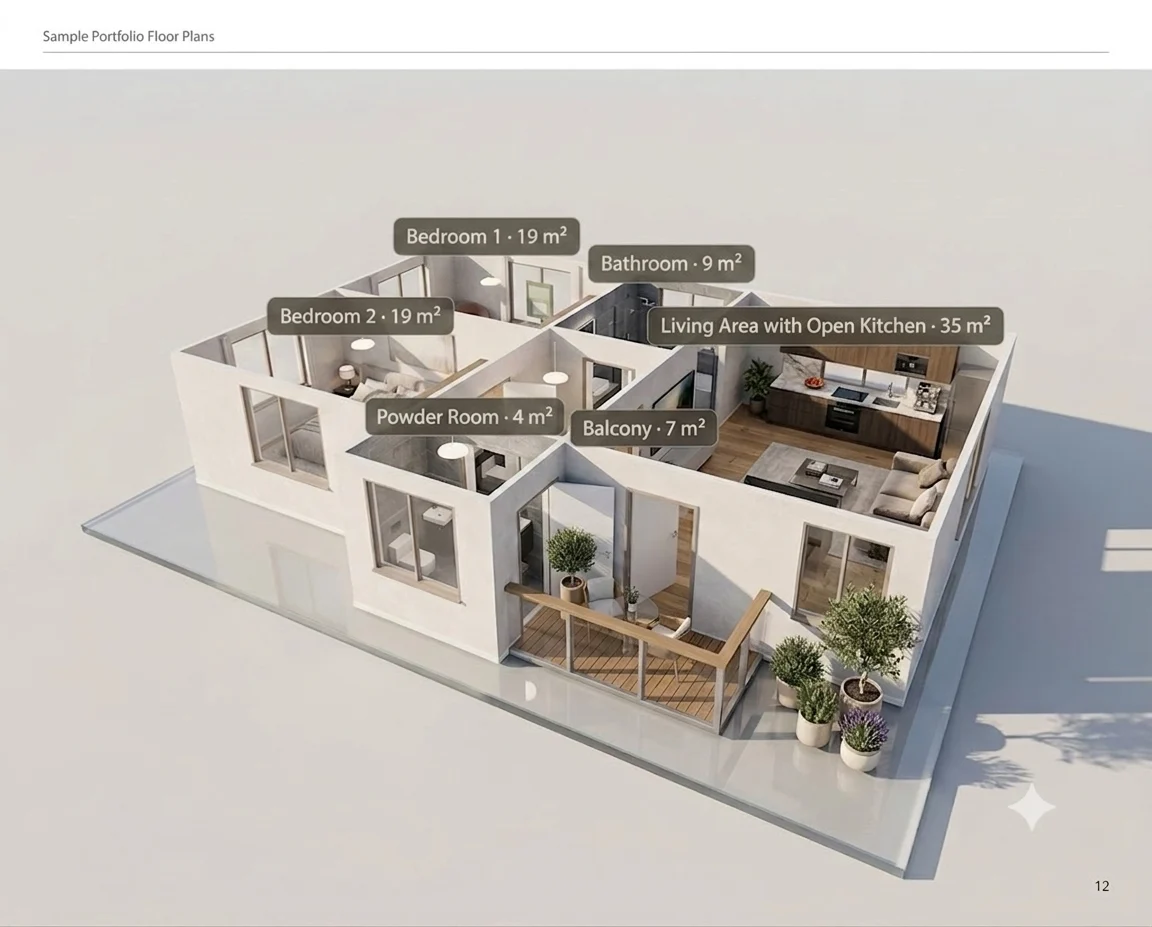 Spatial view of the sample flat with its furnished rooms and their areas, from bedroom to balcony.